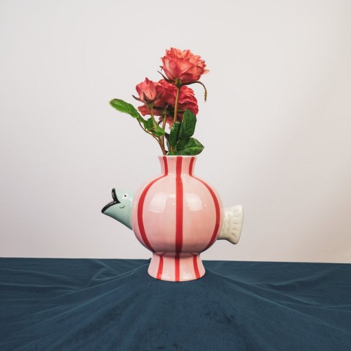 Vase - Fish- Dolomite -Pink/Mint/Red -21.5x13x17cm