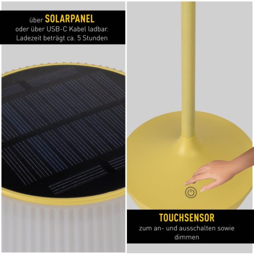 Solar battery lamp "Emmi" 38 cm high, umbrella Ø 13 cm, metal in yellow and white plastic, for the outdoor area, dimmable CCT.