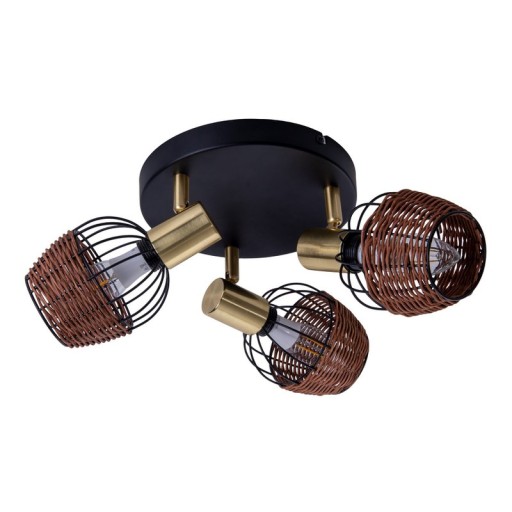 3 "Corbis" ceiling rondel, metal spot in black, with gold and rattan, with E14 socket, for dining room, living room, hallway or office, lighting for living room, dining room or office, 38 cm diameter