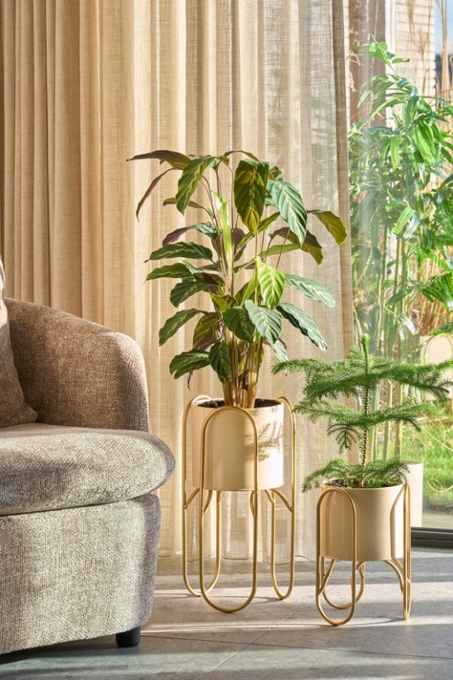 Danube flowerpot on Standard - Set of 2 - Metal - H45 x Ø23 cm - Light yellow, Gold