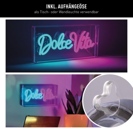 LED font light "Dolce Vita" decoration for inside 30 x 15 cm, in blue and magenta-red