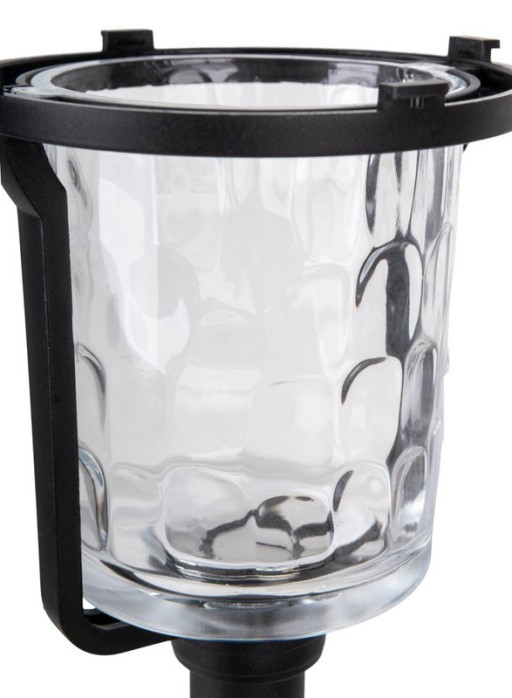 Solar-deco-earth spit "Simon" 54.7 cm high, made of black metal and structured glass, integrated LED, warm white.