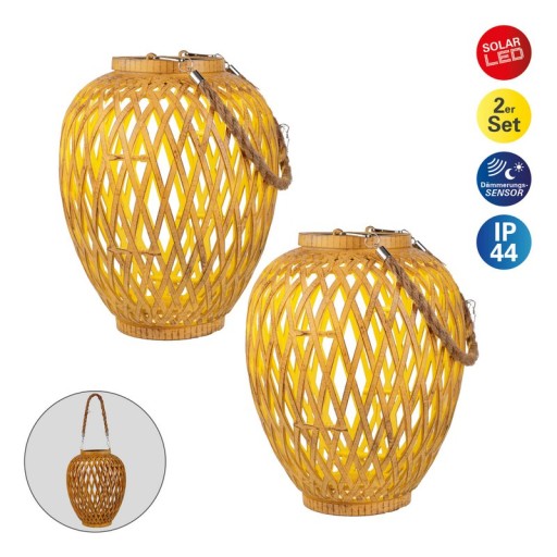 2 Set basket / solar record "cesto", made of natural colored artstrattan, with twilight sensor, warm white, 24 cm high, for the outdoor area