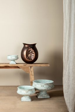 Artas Blue Cement Candle On Solid Stand Round L