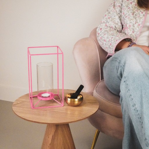 Lantaarn - Metaal/Glas - Roze - 14,5x14,5x25cm