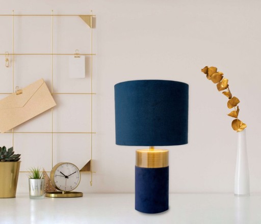 Tischleuchte "BORDO" 32cm hoch aus Metall und Velours in Gold und Blau, mit E14-Fassung, Lampe für Esszimmer, Wohnzimmer, Diele oder Büro