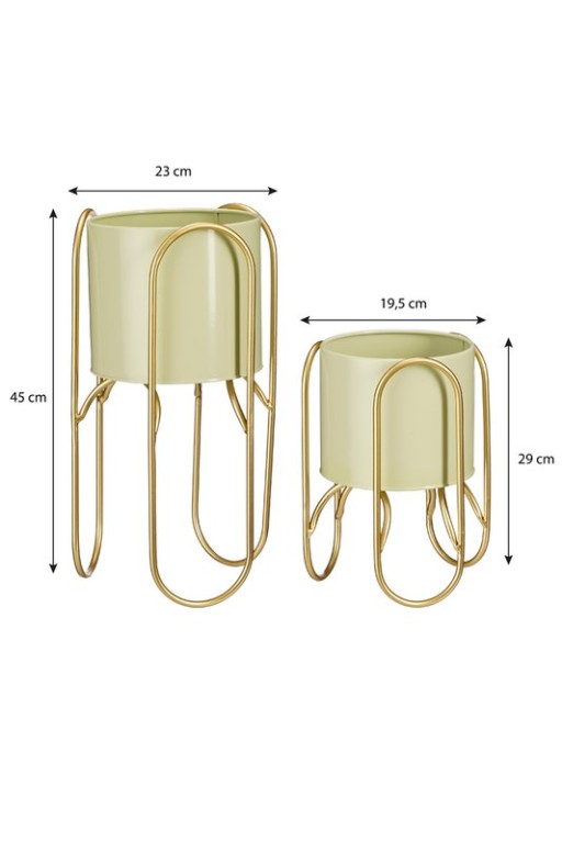 Danube flowerpot on Standard - Set of 2 - Metal - H45 x Ø23 cm - Light green, Gold