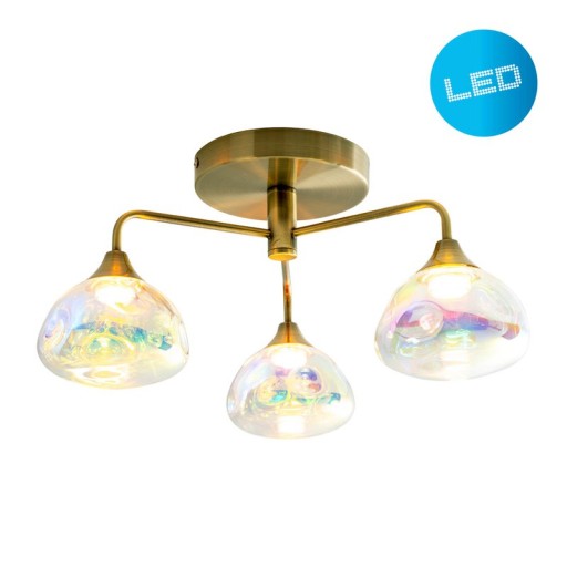 LED ceiling lamp 3-flame "varna", ceiling lamp made of brass-colored metal and iris glass, with firmly built-in LEDs, 42 cm diameter, stylish lighting for living room, dining room or hallway
