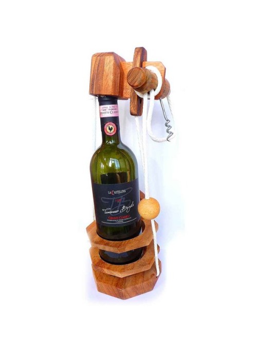 Logica Giochi Wooden Brain Teaser Bottle Holder Puzzle with Bottle Opener, NFACS, 12x12x16cm (without bottle)