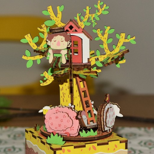 Music Box Wood DIY 3D Puzzle Tree House, Robotime, AM408, 11.6×11.5×19.5 cm