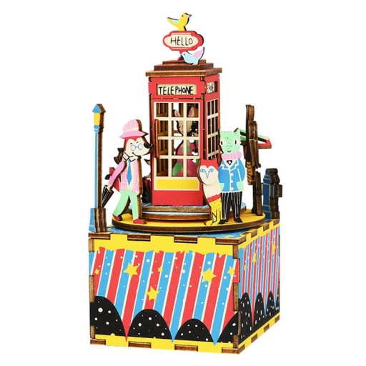 Music Box Wood DIY 3D Puzzle Phone Booth, Robotime, AM401, 9×8.1×17.1 cm