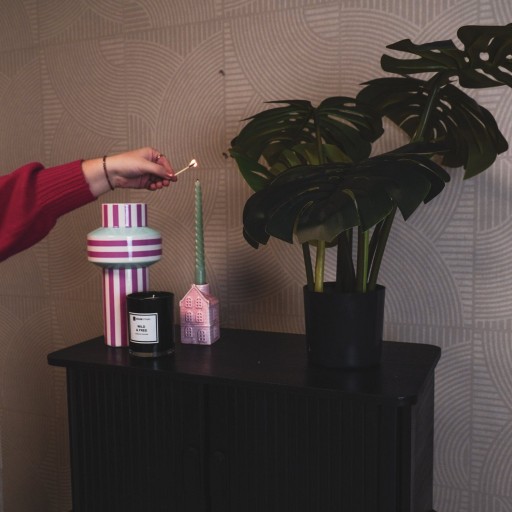 Vaas - Streep - Keramiek - Mintgroen/Neon Roze - 13x13x25cm