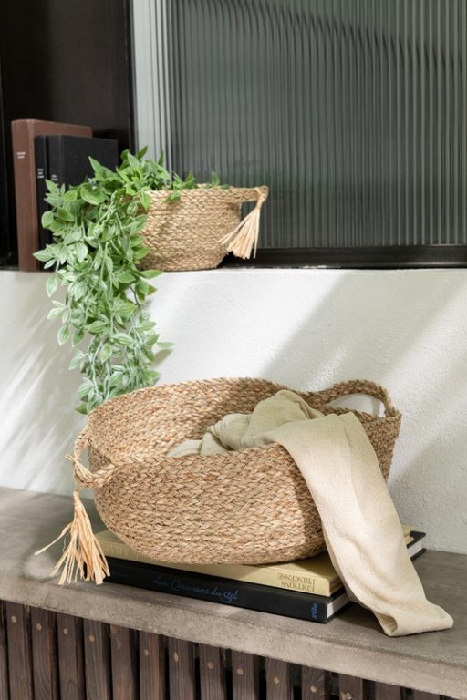 J-Line Set of 3 Round Basket with Handle + Brush Grass Natural