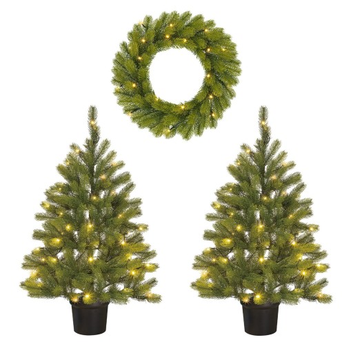 Nagoya Set van 2 Kerstbomen en 1 Kerstkrans voor Buiten met LED Verlichting en Timerfunctie - H90 x Ø45 cm - Groen