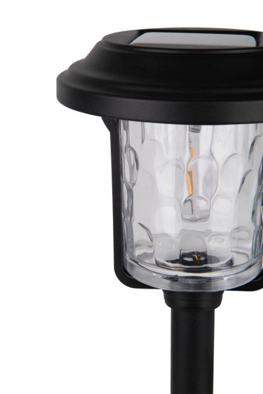 Solar-deco-earth spit "Simon" 54.7 cm high, made of black metal and structured glass, integrated LED, warm white.