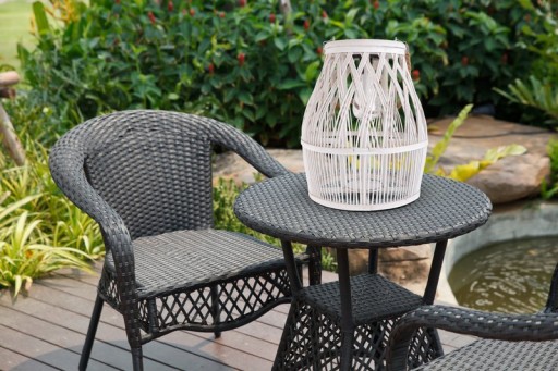 LED Solar-Dekoleuchte "Korbinian" für Garten und Terrasse aus Holz und Rattan in natur, Solar Lampe 34 cm hoch