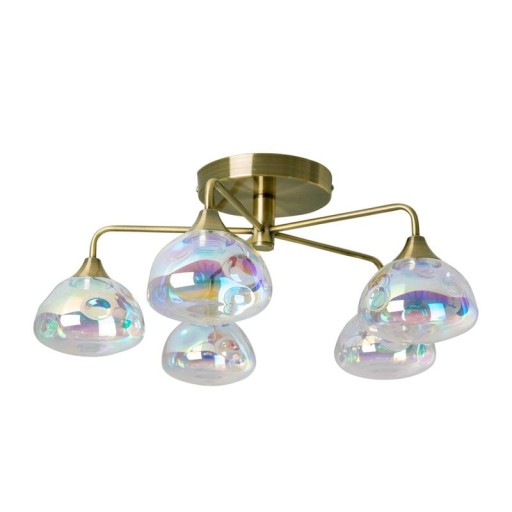 LED ceiling lamp 5-flame "varna", ceiling lamp made of brass-colored metal and iris glass, with firmly installed LEDs, 50 cm diameter, stylish lighting for living room, dining room or hallway