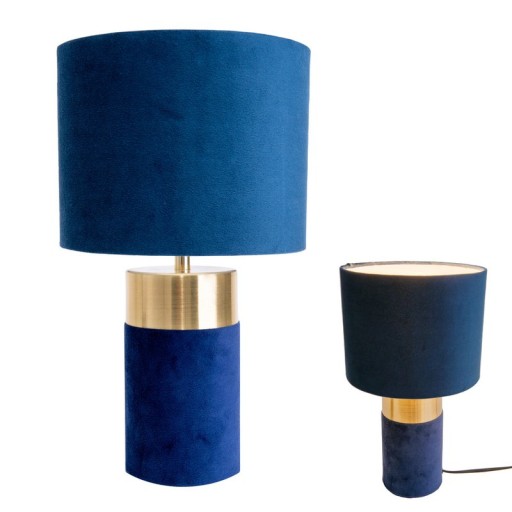 Tischleuchte "BORDO" 32cm hoch aus Metall und Velours in Gold und Blau, mit E14-Fassung, Lampe für Esszimmer, Wohnzimmer, Diele oder Büro