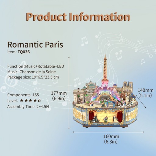 Music box DIY 3D Houten Romantic Paris Tone-Cheer, TQ036, 16x14x17.7cm
