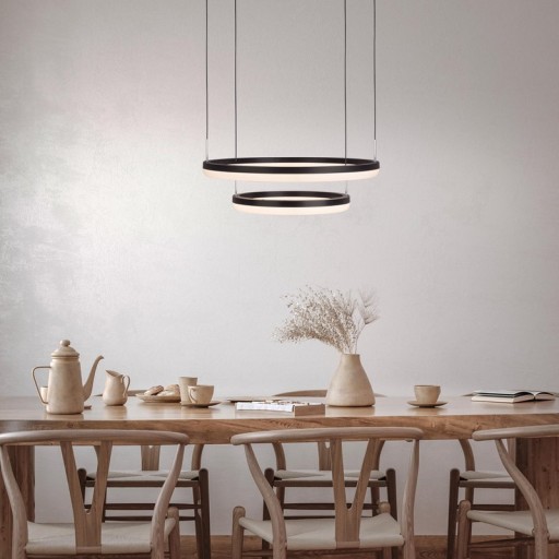LED CCT pendant light "Circulo" made of black metal and sand-colored plastic, with integrated LED and many functions, Ø 60 cm, 150 cm high.