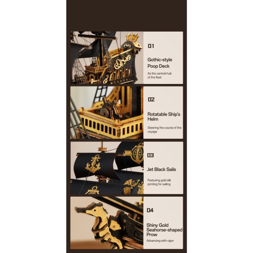 Robotime, 3D Houten Puzzel, The Seahorse Barque, MCB02, 39x18x47cm