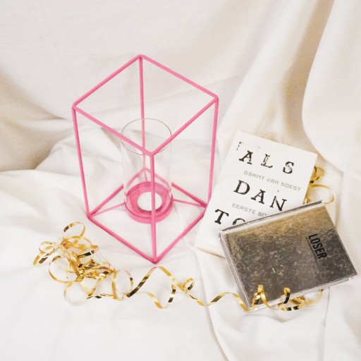 Lantaarn - Metaal/Glas - Roze - 14,5x14,5x25cm