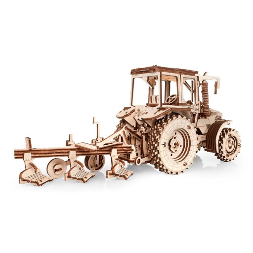 Eco Wood Art (EWA) 3D Mechanische Puzzel Tractor Belarus 82.3 met Ploeg (Plow), 3892, 36,2x11,8x15,6cm