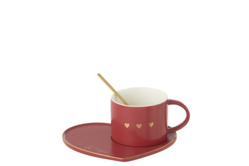 J-Line Mug + Plate + Spoon 3 Heart Ceramic Red