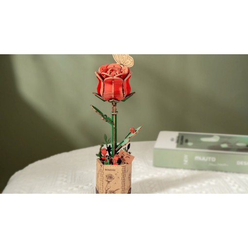 Robotime, DIY Houten Bloem Red Rose, Rode Roos, TW042, 8,5x6,5x21cm