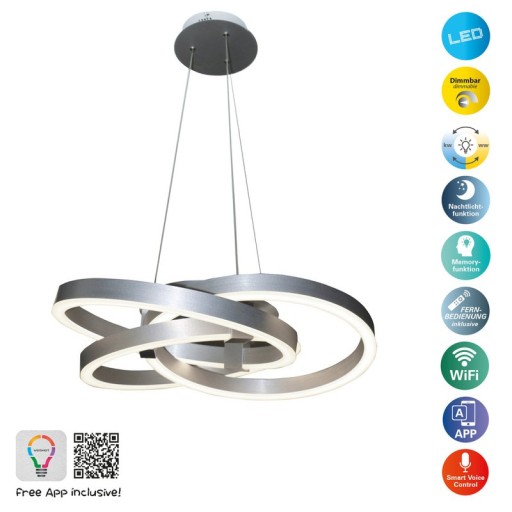 Smart Home LED pendant light "Divora" Ø 58cm, ceiling lamp made of metal, aluminum brushed and white plastic, with many functions, firmly built -in LEDs, lighting for living room, dining room office or hallway