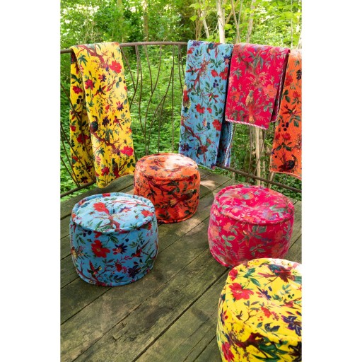 J-Line Poef Rond Vogels/Bloemen Katoenfluweel Oranje