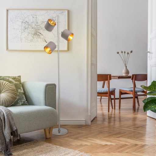 Stehleuchte "MARON" aus Metall satiniert-matt mit Stoffschirmen in Braun, mit E14-Fassung, für Esszimmer, Wohnzimmer, Diele oder Büro, Lampe für Wohnzimmer, Esszimmer, Flur und Büro, Stehllampe innen 153 cm hoch