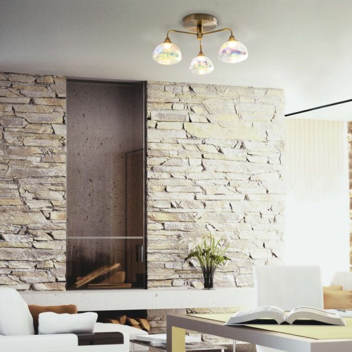 LED ceiling lamp 3-flame "varna", ceiling lamp made of brass-colored metal and iris glass, with firmly built-in LEDs, 42 cm diameter, stylish lighting for living room, dining room or hallway