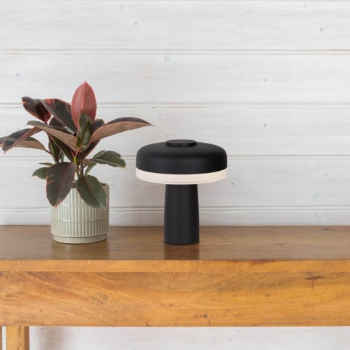 Cordless tablet light "Pilu", 16.5 cm high, above Ø of 15 cm, metal in black, white plastic, integrated LEDs, 280 lumens, dimmable by touch sensor, warm white