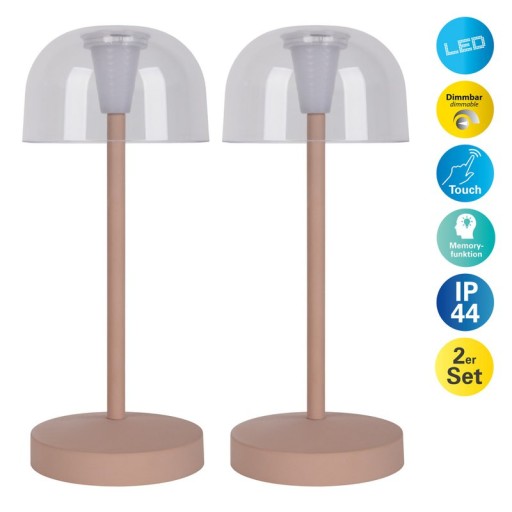 2-er Set LED battery table lamp "Gomba" for outside and inside, made of metal and plastic in Frosted Almond, 18.5 cm high