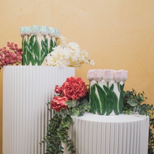 VASE-TULIPS- Dolomiet-lichtroze/ groen-15x15x14cm