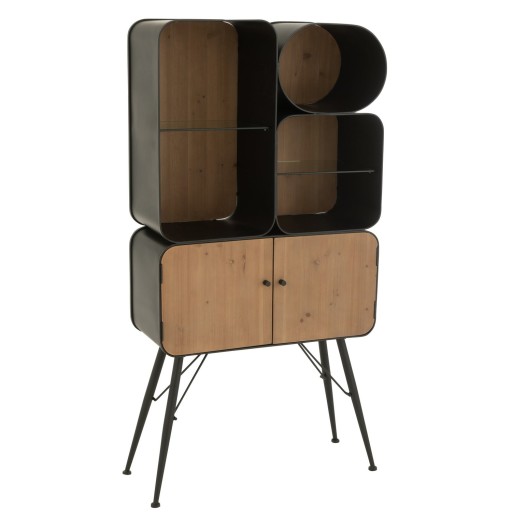 J-Line rek Wood And Metal Shelves - dennenhout - zwart/lichtbeige