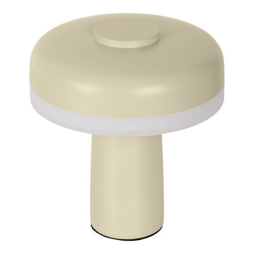 Cordless table light "Pilu", 16.5 cm high, above Ø of 15 cm, metal in the color frost allmond, white plastic, integrated LEDs, 280 lumens, dimmable by touch sensor, warm white