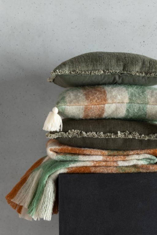 J-Line Plaid Ruitjes+Franjes Acryl Wit/Groen/Bruin