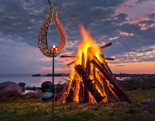 LED solar earth spit "Flame"-outer and spit made of metal and plastic in brown, with integrated LED