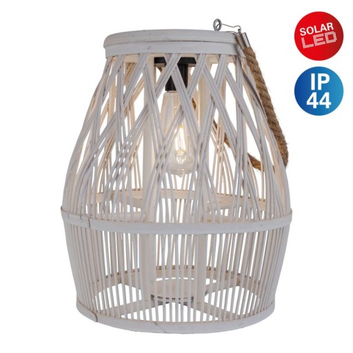 LED Solar-Dekoleuchte "Korbinian" für Garten und Terrasse aus Holz und Rattan in natur, Solar Lampe 34 cm hoch