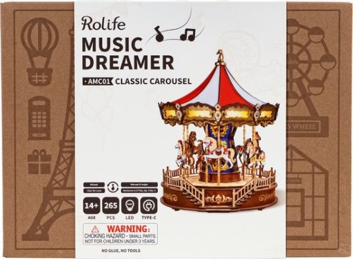 Music box Wood DIY Classic Carousel, Robotime, AMC01, 25.5x25.7x29.5cm