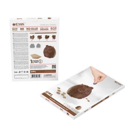 Eco Wood Art (EWA) 3D Houten Bouwset Spaarpot Uil/Owl, 3809, 15x9,1x15,7cm