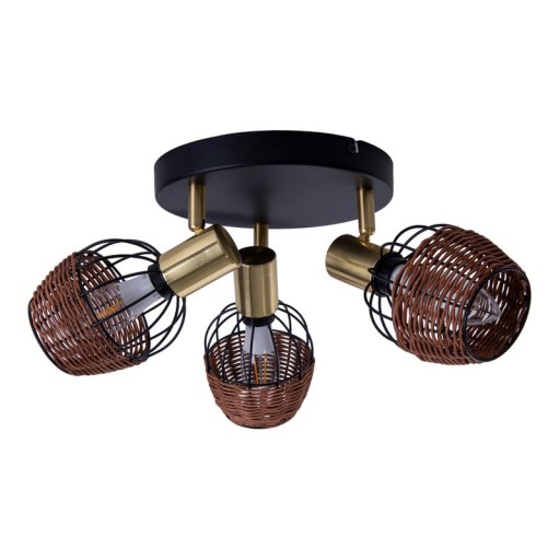 3 "Corbis" ceiling rondel, metal spot in black, with gold and rattan, with E14 socket, for dining room, living room, hallway or office, lighting for living room, dining room or office, 38 cm diameter