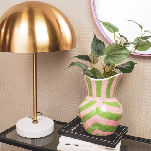 VASE-STRIKS-steengoed -groen/ roze- 16x16x22cm