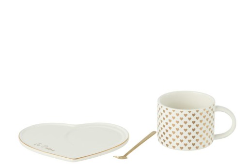 J-Line Mug + Plate + Spoon Heart Ceramic White/Gold