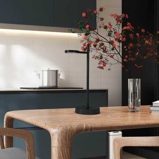 LED cordless table light "Lupa", 45 cm high, made of painted aluminum (black) and white plastic, LED integrated, dimmable, touch sensor.