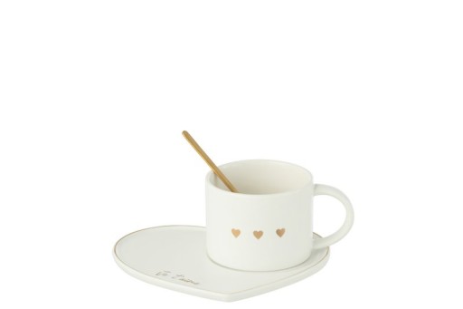 J-Line Mug + Plate + Spoon 3 Heart Ceramic White/Gold