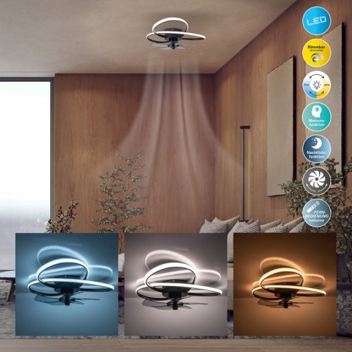 Die moderne LED Deckenleuchte "LECCIO" inklusive Ventilator, Nachtlichtfunktion, Dimmung und Lichttemperatureinstellung ist mit fest verbauten LEDs bestückt und hat einen ungefähren Øvon 58 cm.