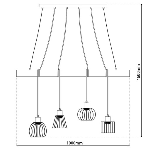 4 pendant lamp "Woodland", hanging lamp, metal and wood in black, and natural E27 socket, for dining room, living room, hallway or office, 100 cm long